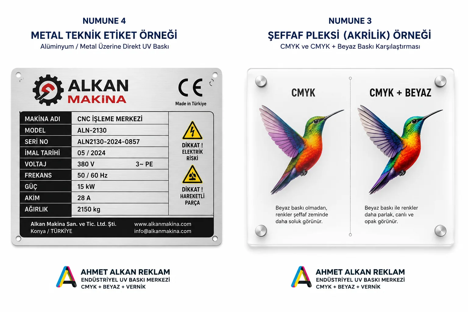 UV baskı teknik etiket ve pleksi numuneleri